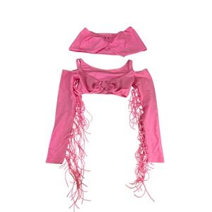 Latin Angel Neon Pink Fringe Cold Shoulder Crop Top & Skirt Set Rave Small